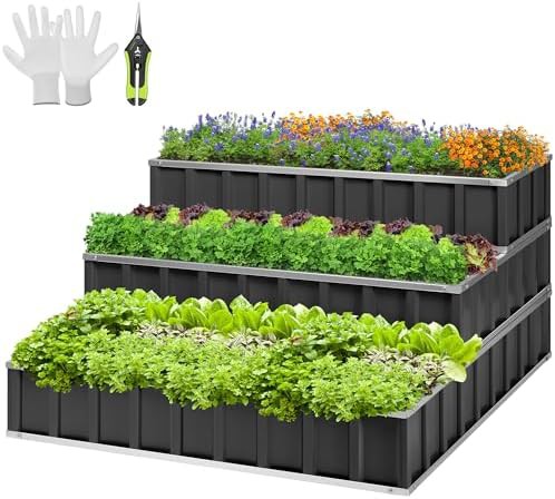 Three tier gray galvanized garden bed