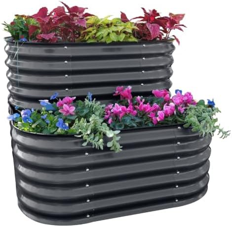 Cascading tiered grey metal garden bed
