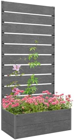 Grey wooden raised bed with integrated trellis