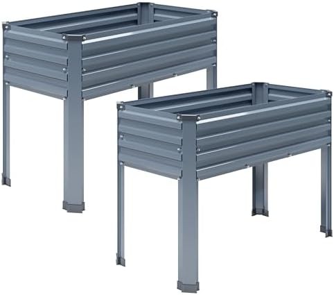 Grey elevated standing garden beds with legs