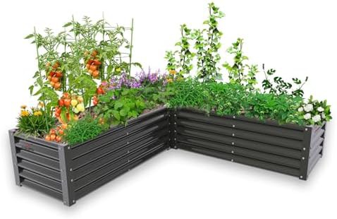 L-shaped galvanized steel garden bed in quartz grey