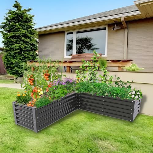 L-shaped galvanized steel garden bed in quartz grey — photo 5