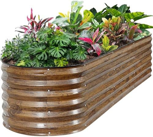 Long brown galvanized steel garden bed