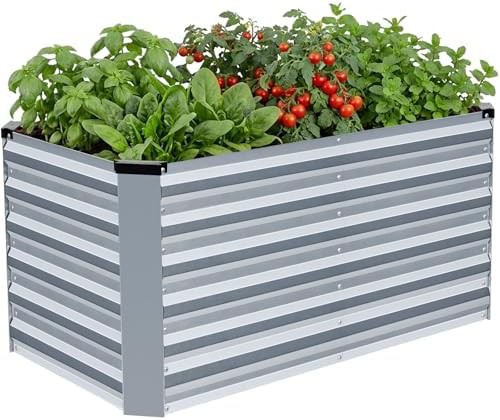 Tall silver metal raised planter box