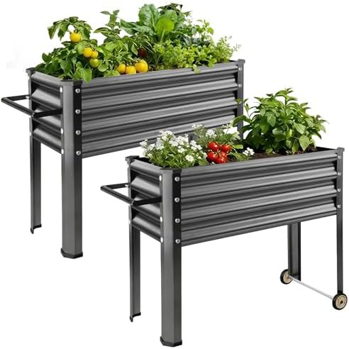 Grey elevated planter with legs and wheels