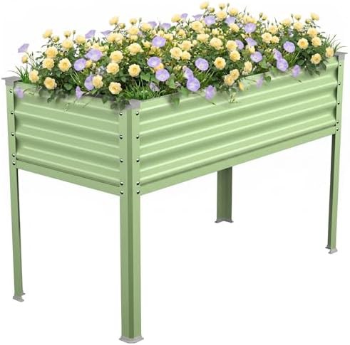 Elevated green galvanized garden bed with legs