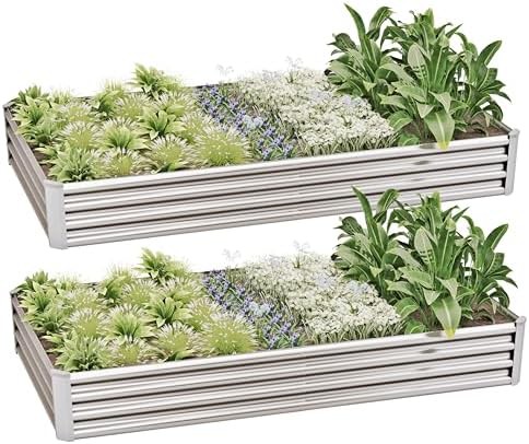 Wide silver metal planter pair