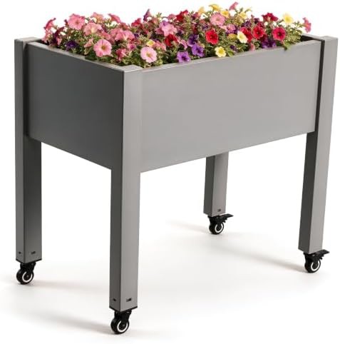Gray resin elevated bed on wheels