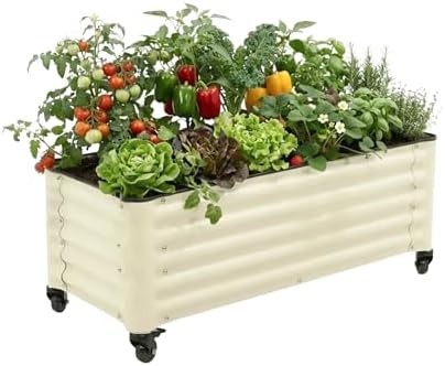 Mobile white metal rolling garden bed