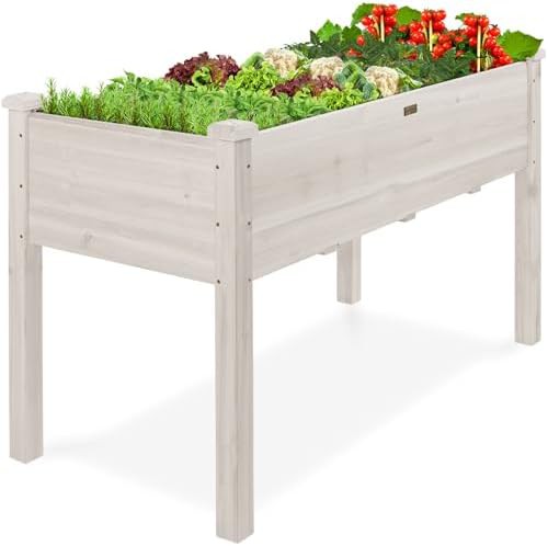 White elevated wood planter with liner